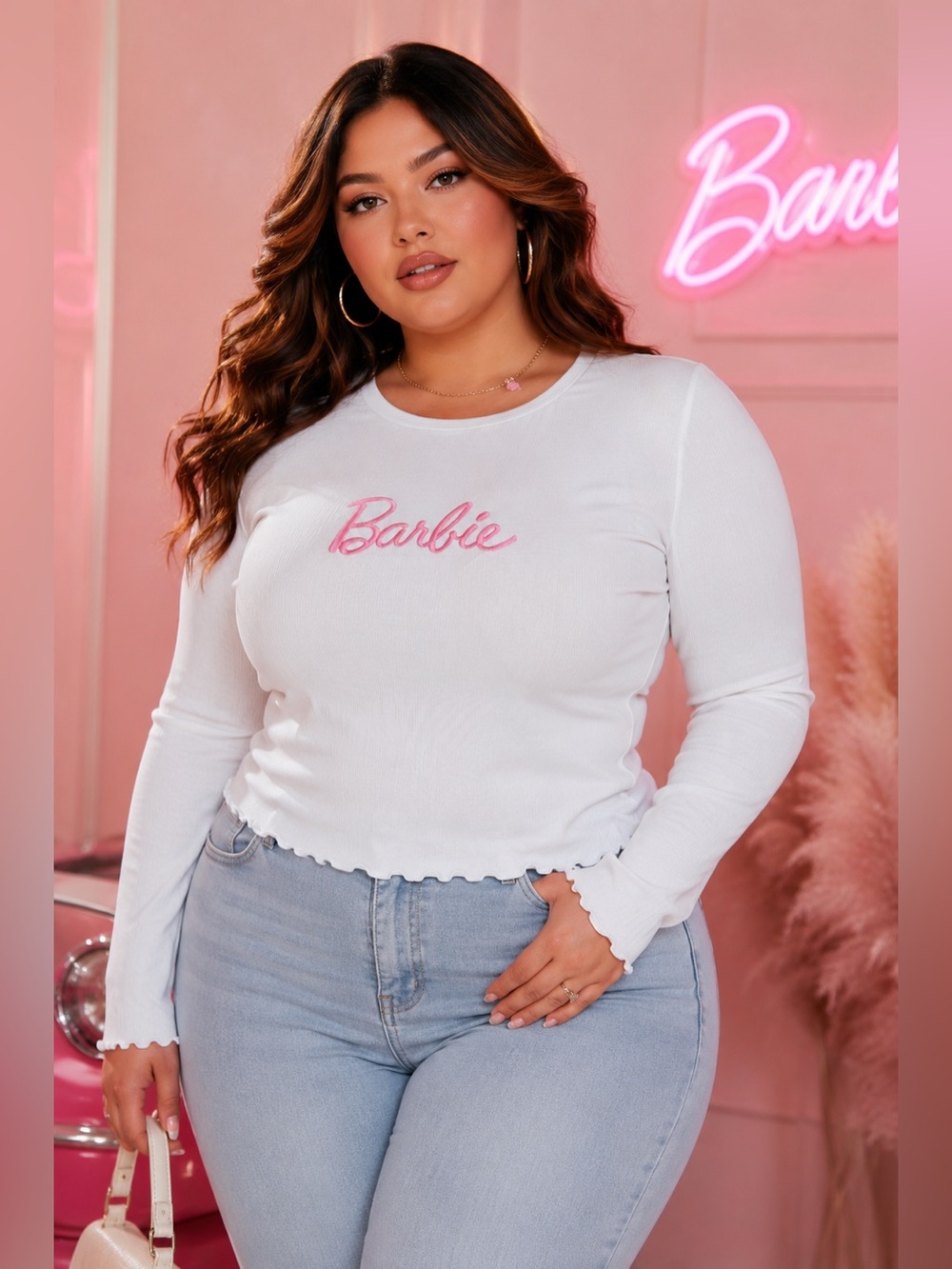 Barbie x Forever 21 Plus Lettuce Edge Top - White & Pink
